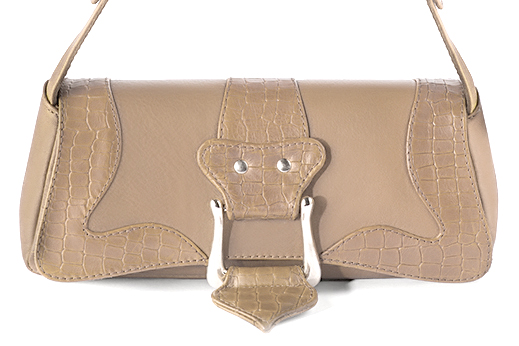 Small dressy baguette bag in tan beige leather - Profile view